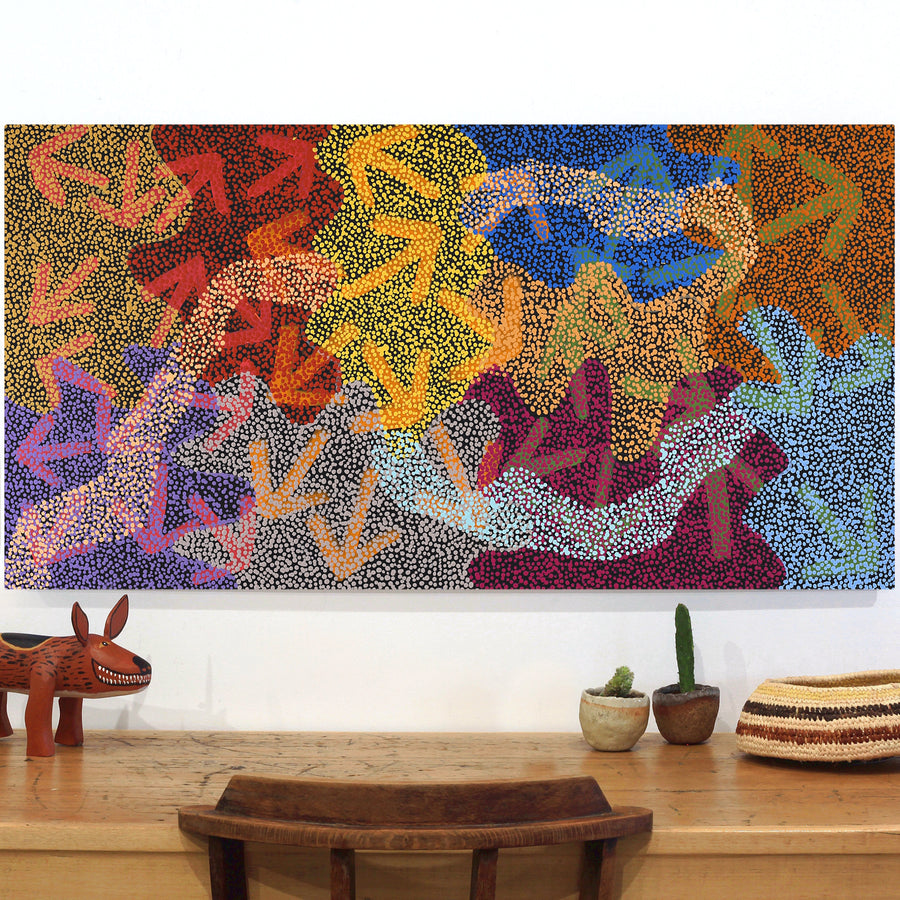 Aboriginal Artwork by Margaret Nangala Gallagher, Yankirri Jukurrpa (Emu Dreaming), 122x61cm