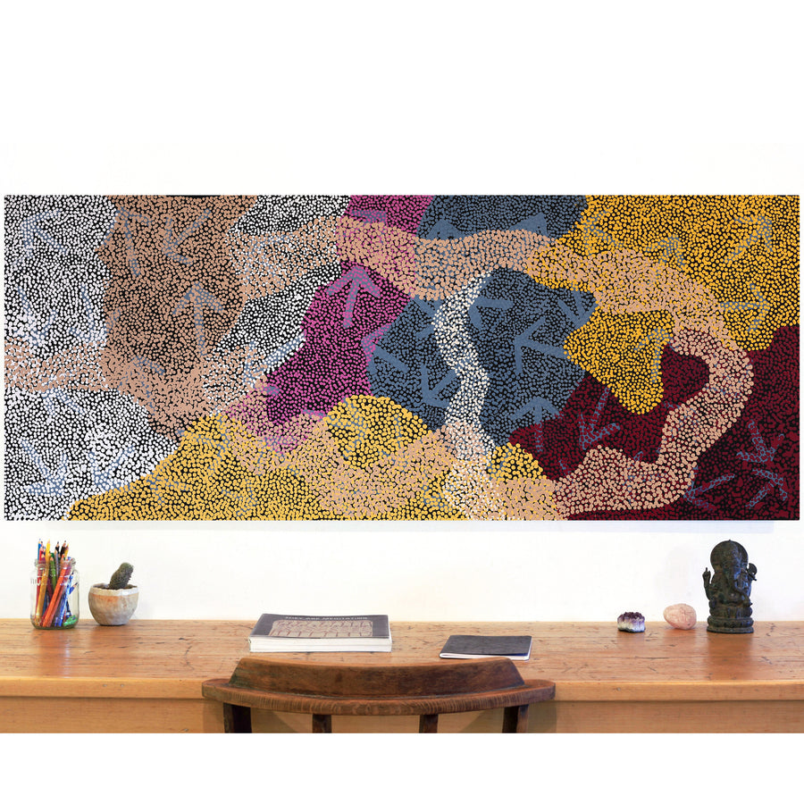 Aboriginal Artwork by Margaret Nangala Gallagher, Yankirri Jukurrpa (Emu Dreaming), 152x61cm