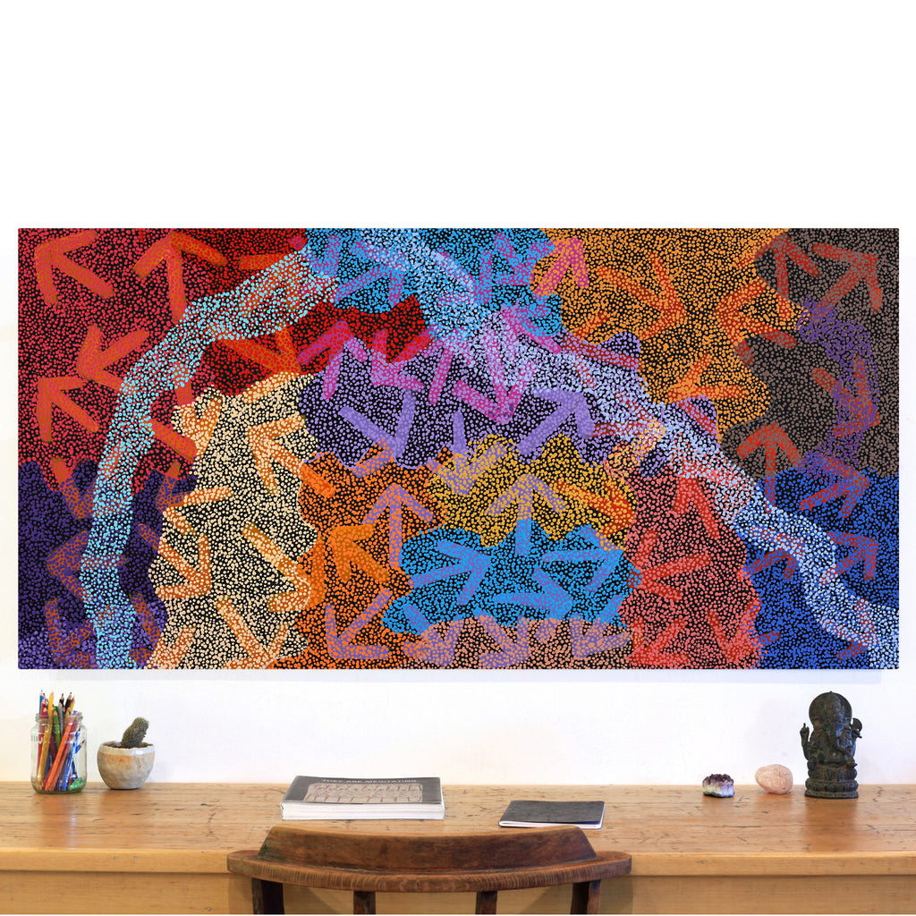 Aboriginal Artwork by Margaret Nangala Gallagher, Yankirri Jukurrpa (Emu Dreaming), 153x76cm
