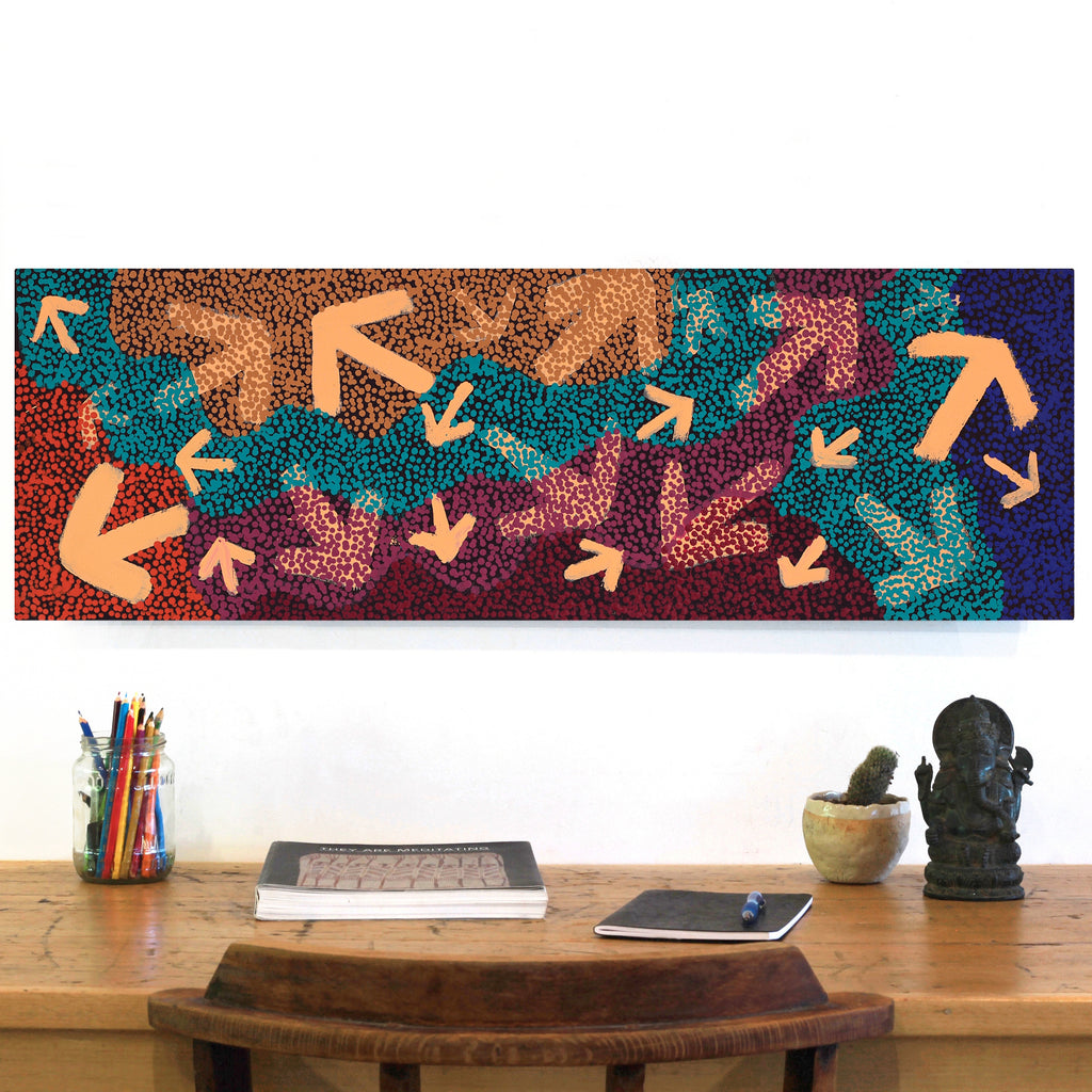 Aboriginal Artwork by Margaret Nangala Gallagher, Yankirri Jukurrpa (Emu Dreaming), 91x30cm