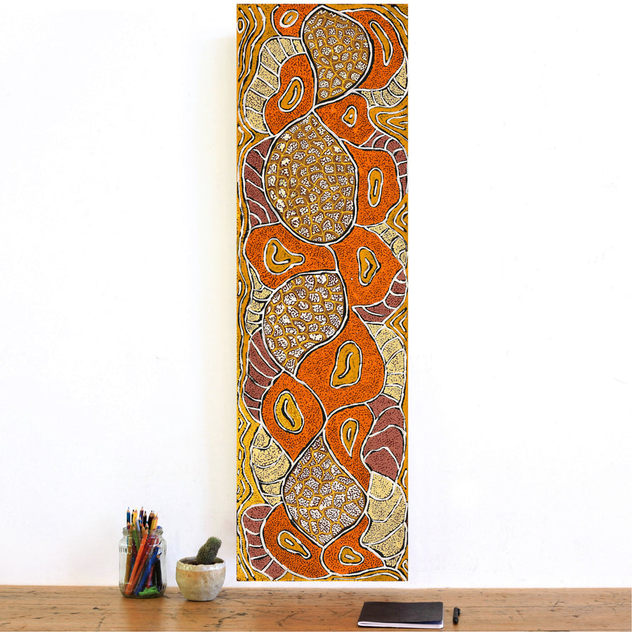 Aboriginal Artwork by Margarina Napanangka Miller, Lukarrara Jukurrpa, 107x30cm