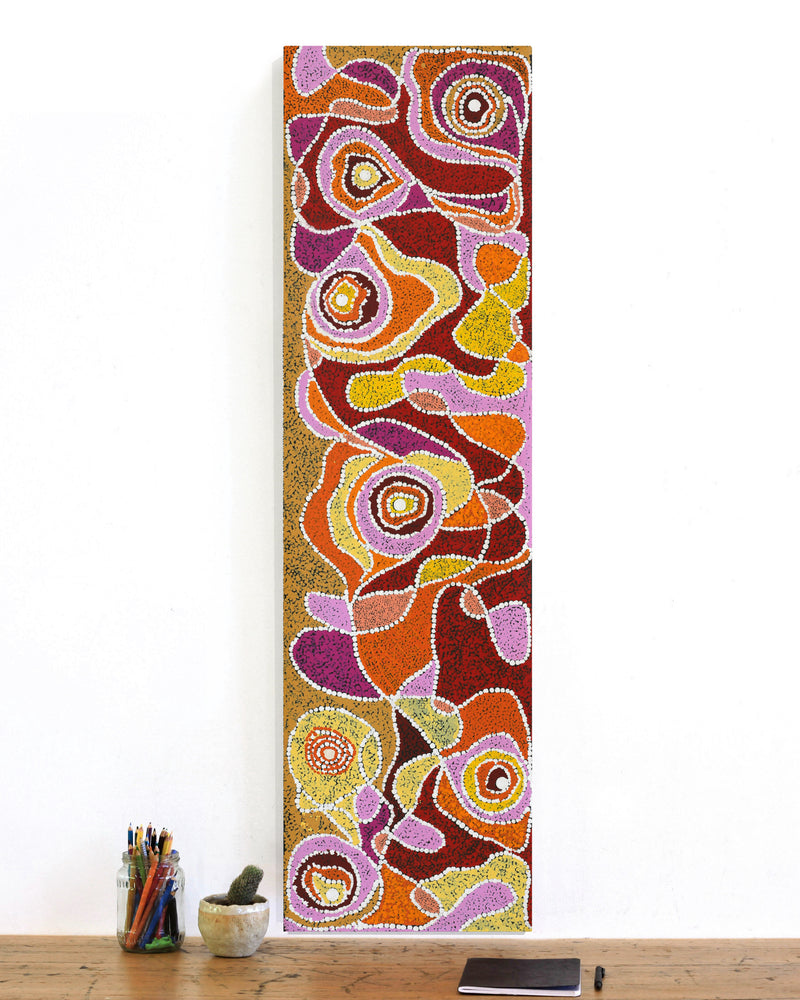 Aboriginal Artwork by Margarina Napanangka Miller, Lukarrara Jukurrpa, 107x30cm