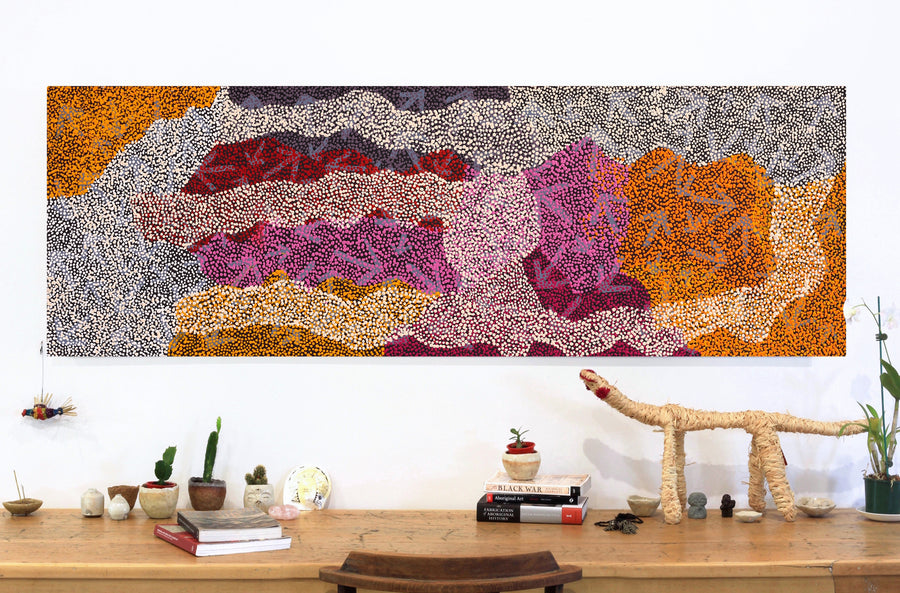 Aboriginal Artwork by Margaret Nangala Gallagher, Yankirri Jukurrpa (Emu Dreaming), 183x61cm