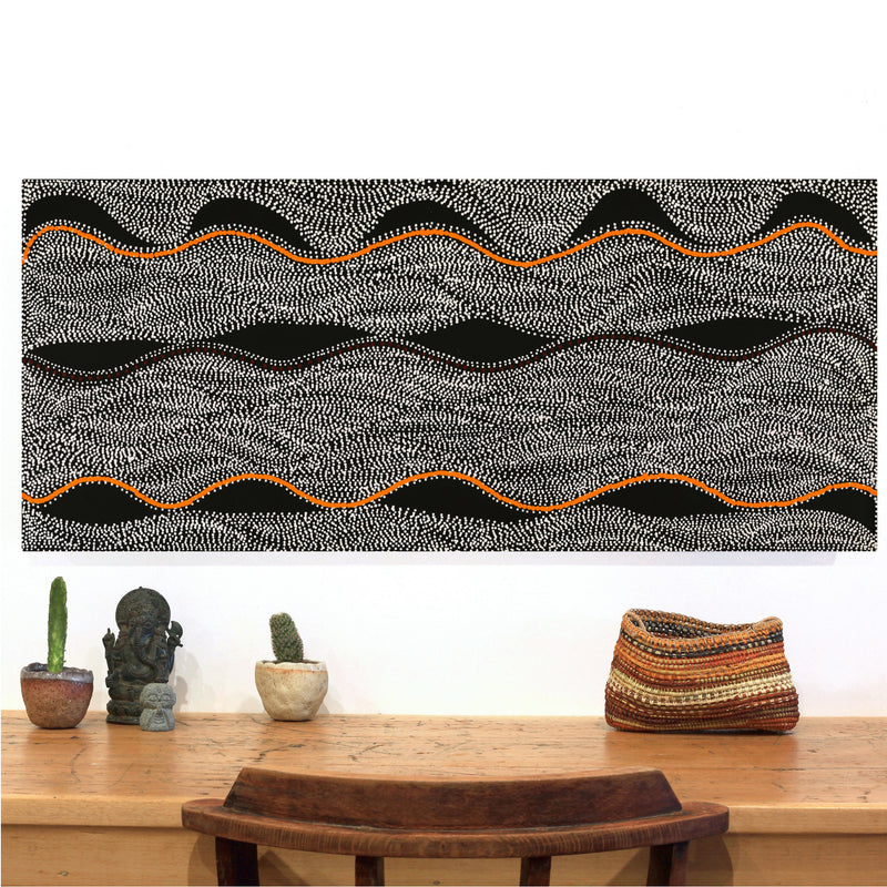 Aboriginal Artwork by Marshall Jangala Robertson, Watiya-warnu Jukurrpa (Seed Dreaming), 107x46cm