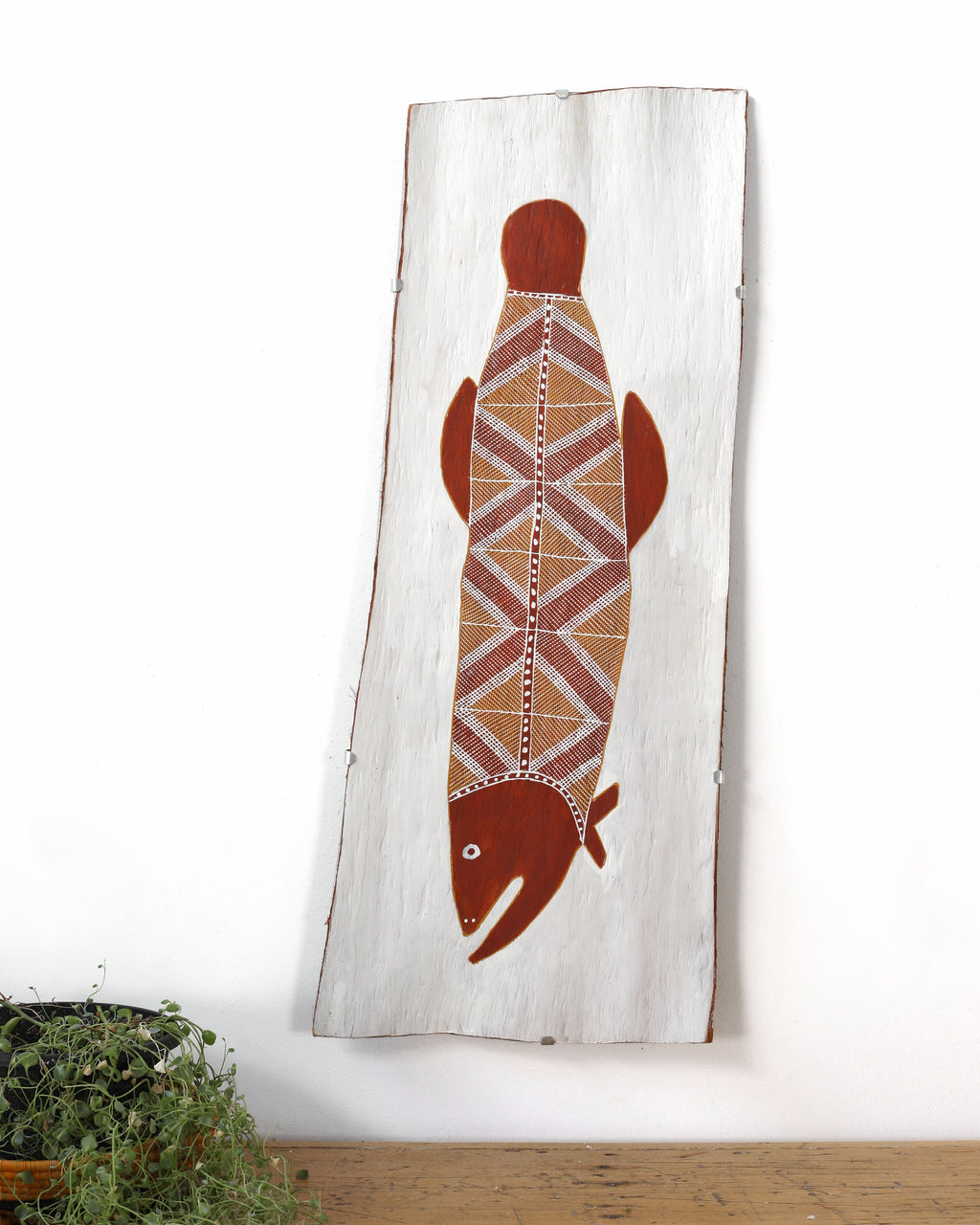 Aboriginal Artwork by Marshella Nanguwerr, Birlmu or Namarnkorl (Barramundi), 86x36cm
