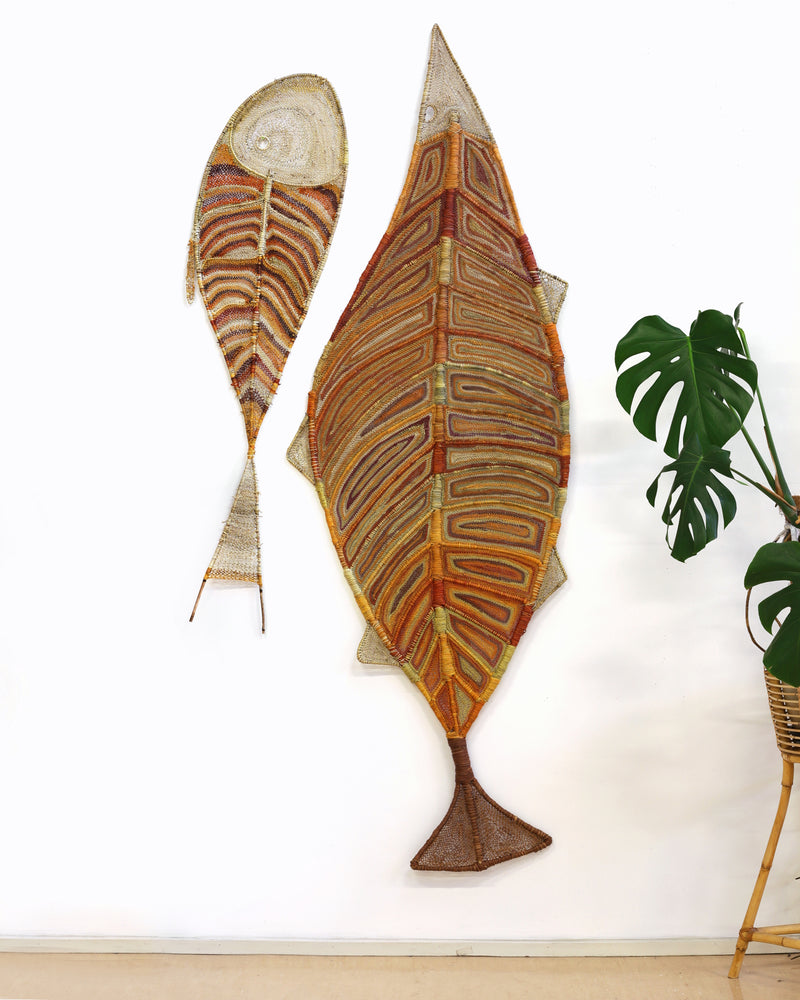 Aboriginal Artwork by Basma Nulla and Mareen Ali, Golden Trevally and Barramundi, 220cm