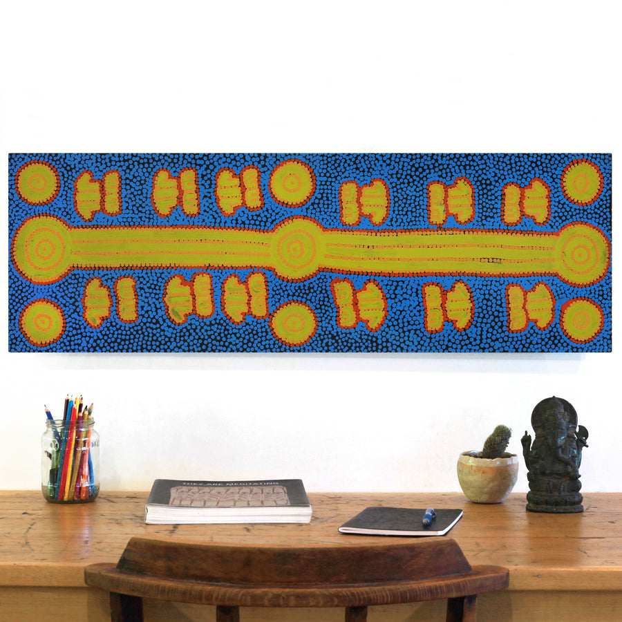 Aboriginal Artwork by Michael Japaljarri Wayne, Marlu Jukurrpa (Red Kangaroo Dreaming) Yarnardilyi & Jurnti, 91x30cm