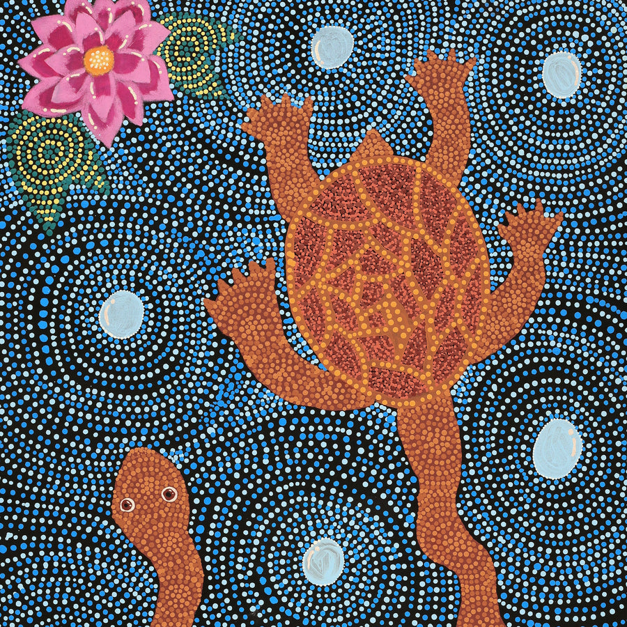 Aboriginal Artwork by Mona Lewis, Long Necked Turtle, 120x61cm