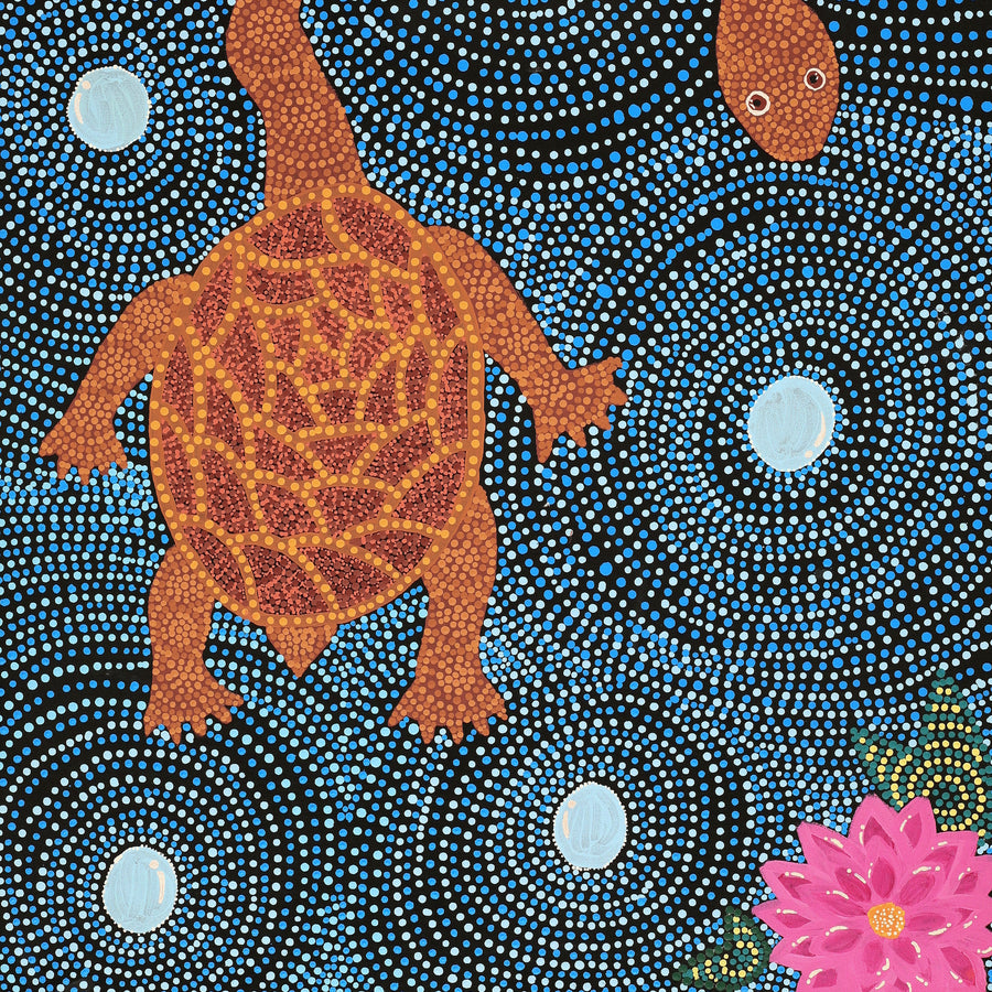 Aboriginal Artwork by Mona Lewis, Long Necked Turtle, 120x61cm