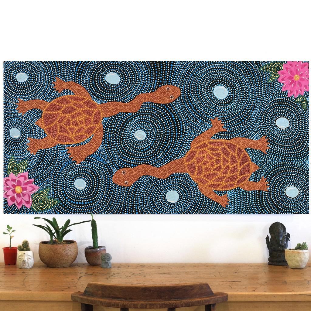 Aboriginal Artwork by Mona Lewis, Long Necked Turtle, 120x61cm