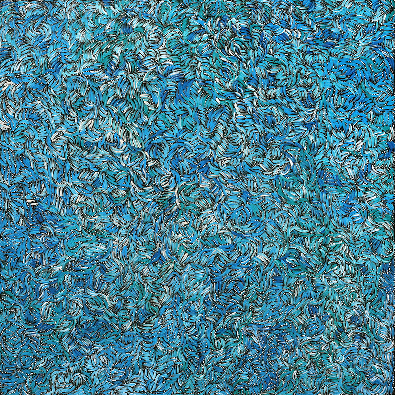 Aboriginal Artwork by Nola Napangardi Fisher, Purrpalanji (Skinny Bush Banana) Jukurrpa, 122x122cm