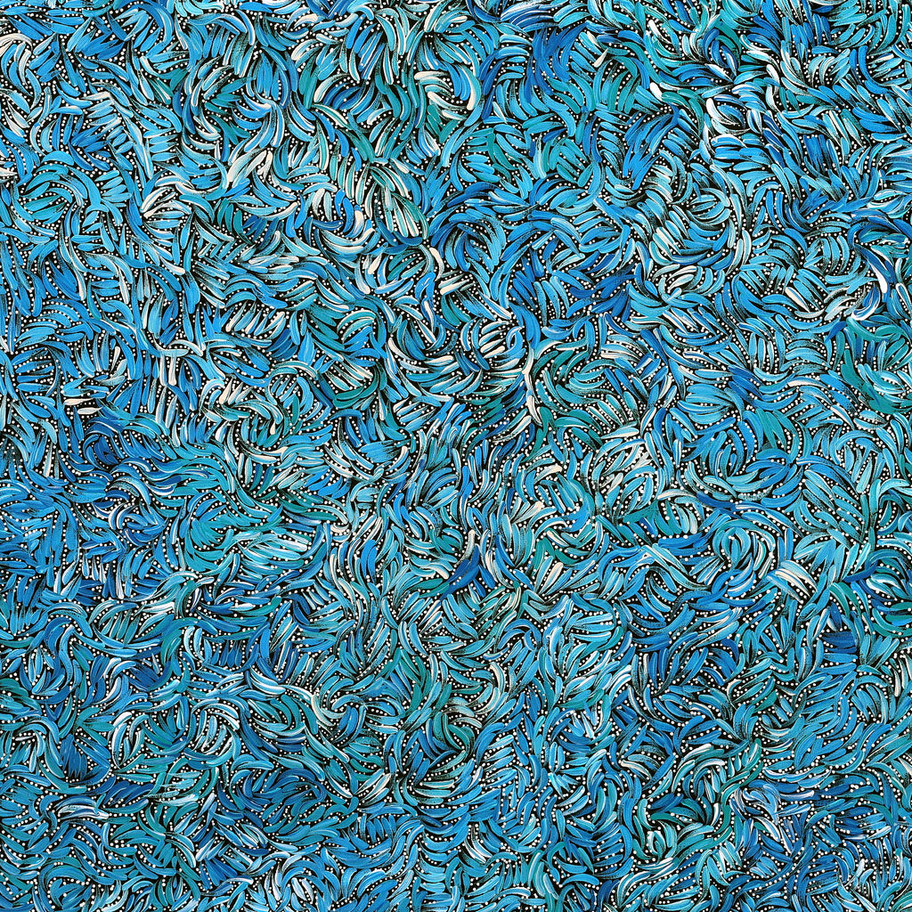 Aboriginal Artwork by Nola Napangardi Fisher, Purrpalanji (Skinny Bush Banana) Jukurrpa, 122x122cm