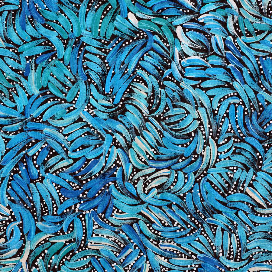 Aboriginal Artwork by Nola Napangardi Fisher, Purrpalanji (Skinny Bush Banana) Jukurrpa, 122x122cm