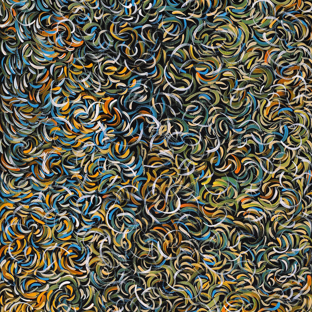 Aboriginal Artwork by Nola Napangardi Fisher, Purrpalanji (Skinny Bush Banana) Jukurrpa, 152x61cm