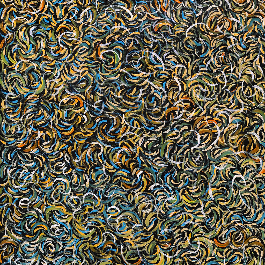 Aboriginal Artwork by Nola Napangardi Fisher, Purrpalanji (Skinny Bush Banana) Jukurrpa, 152x61cm