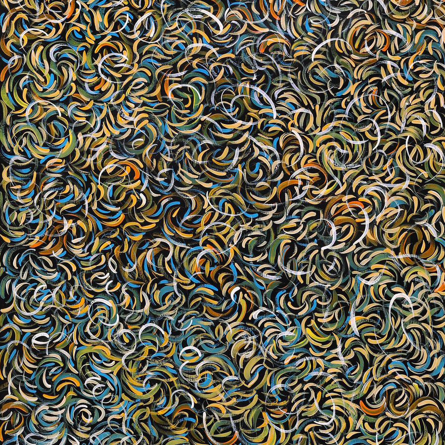 Aboriginal Artwork by Nola Napangardi Fisher, Purrpalanji (Skinny Bush Banana) Jukurrpa, 152x61cm