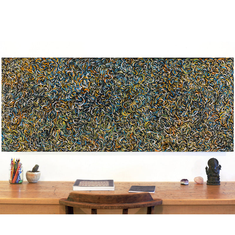 Aboriginal Artwork by Nola Napangardi Fisher, Purrpalanji (Skinny Bush Banana) Jukurrpa, 152x61cm
