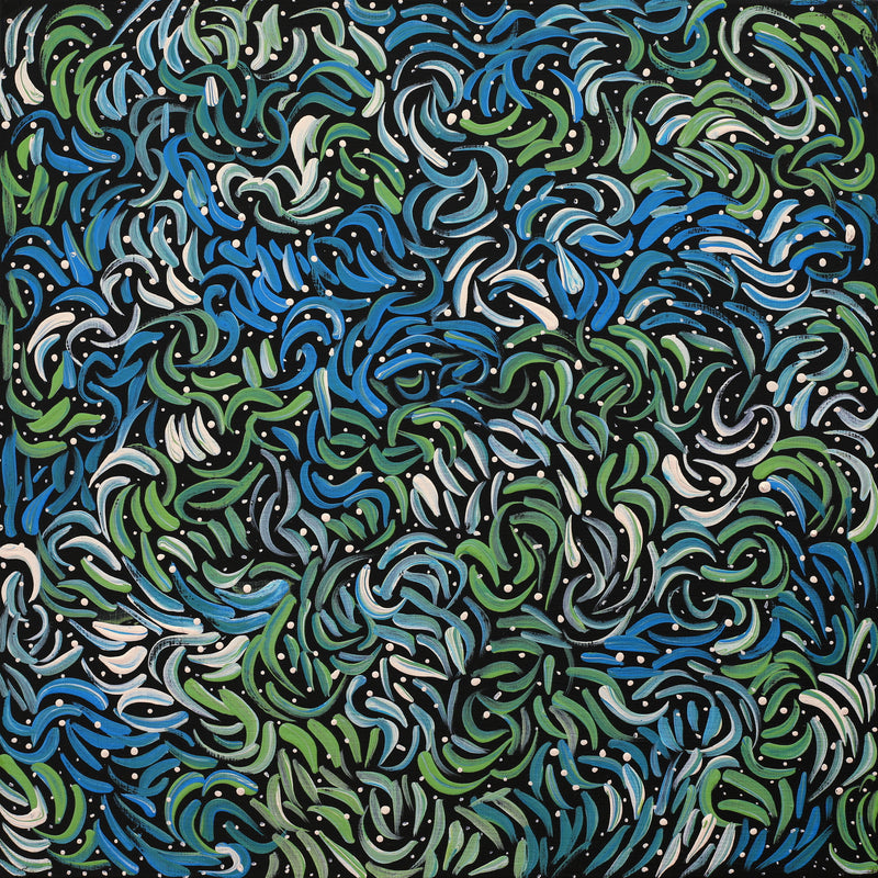 Aboriginal Artwork by Nola Napangardi Fisher, Purrpalanji (Skinny Bush Banana) Jukurrpa, 30x30cm