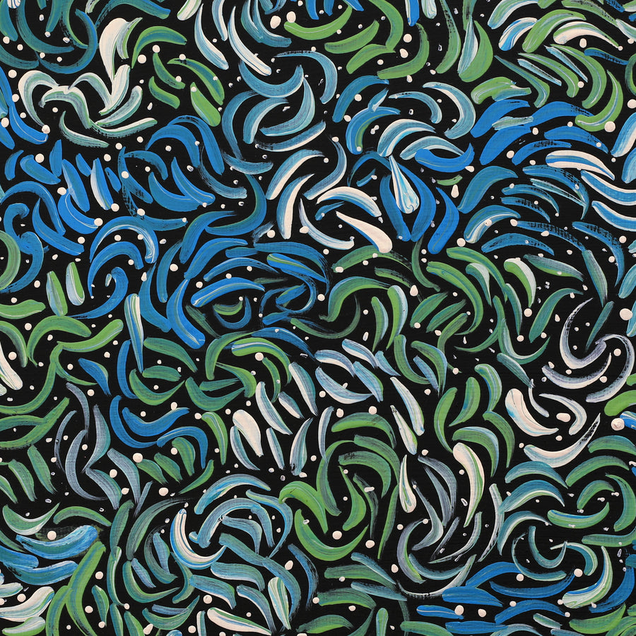 Aboriginal Artwork by Nola Napangardi Fisher, Purrpalanji (Skinny Bush Banana) Jukurrpa, 30x30cm