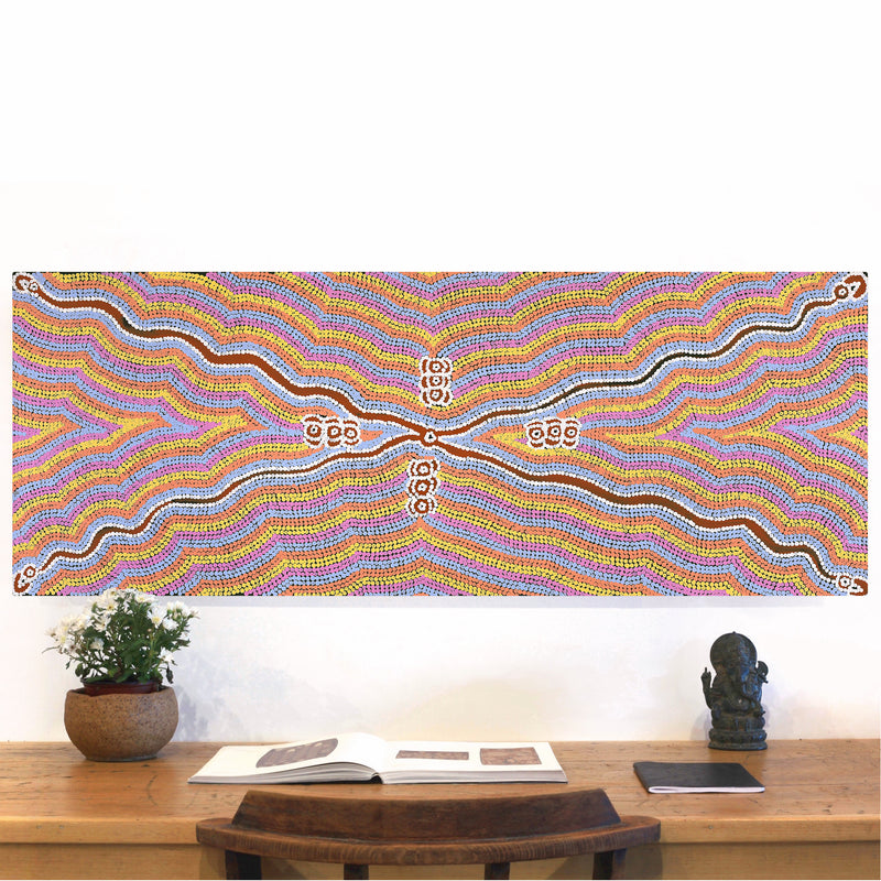 Aboriginal Artwork by Narelle Nangala Brown, Watiya-warnu Jukurrpa (Seed Dreaming), 122x46cm