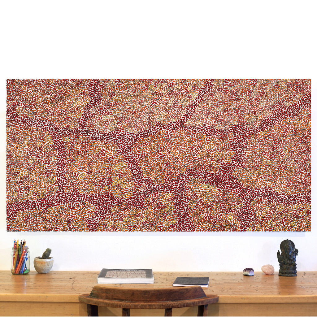 Aboriginal Artwork by Nathania Nangala Granites, Warlukurlangu Jukurrpa (Fire country Dreaming), 152x76cm