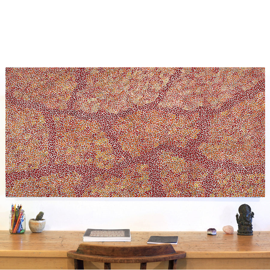 Aboriginal Artwork by Nathania Nangala Granites, Warlukurlangu Jukurrpa (Fire country Dreaming), 152x76cm
