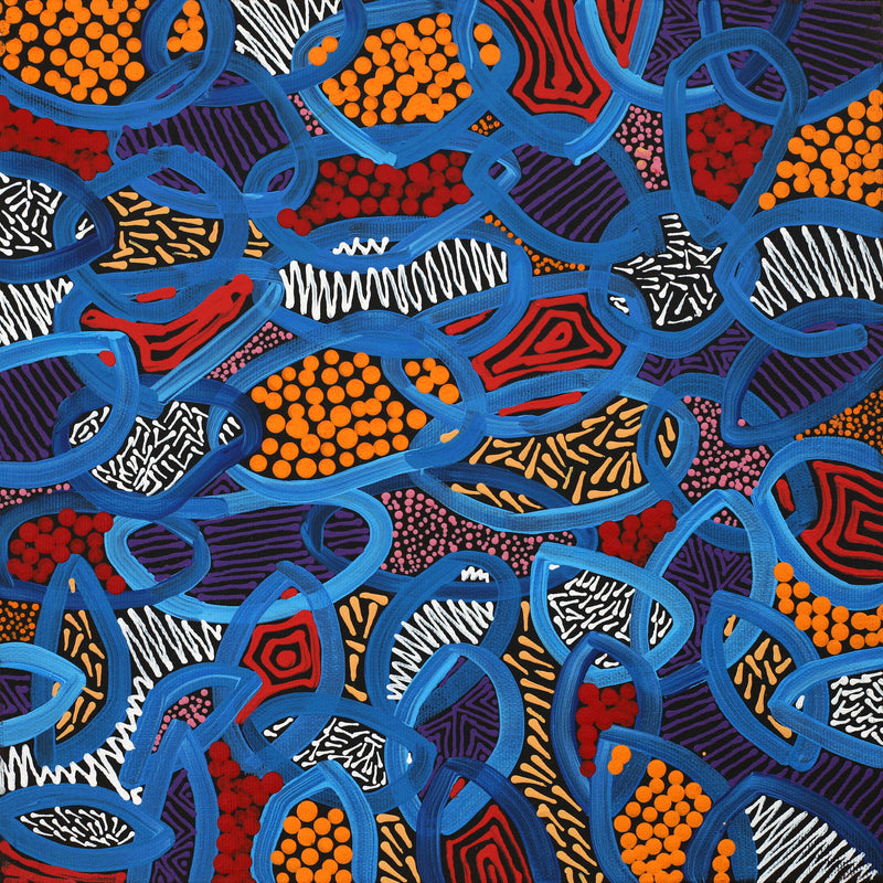 Aboriginal Artwork by Nathania Nangala Granites, Warlukurlangu Jukurrpa (Fire country Dreaming), 30x30cm