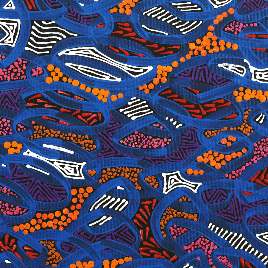 Aboriginal Artwork by Nathania Nangala Granites, Warlukurlangu Jukurrpa (Fire country Dreaming), 30x30cm
