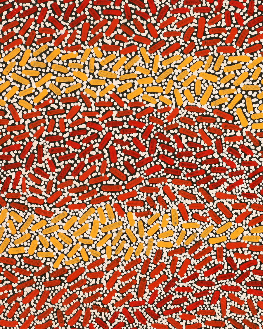 Aboriginal Artwork by Nathania Nangala Granites, Warlukurlangu Jukurrpa (Fire country Dreaming), 107x76cm