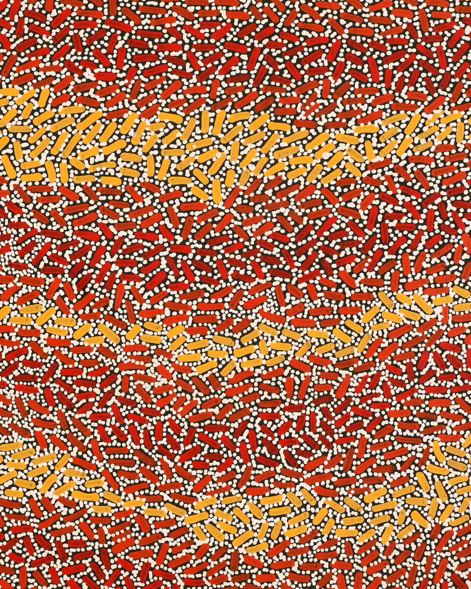 Aboriginal Artwork by Nathania Nangala Granites, Warlukurlangu Jukurrpa (Fire country Dreaming), 107x76cm