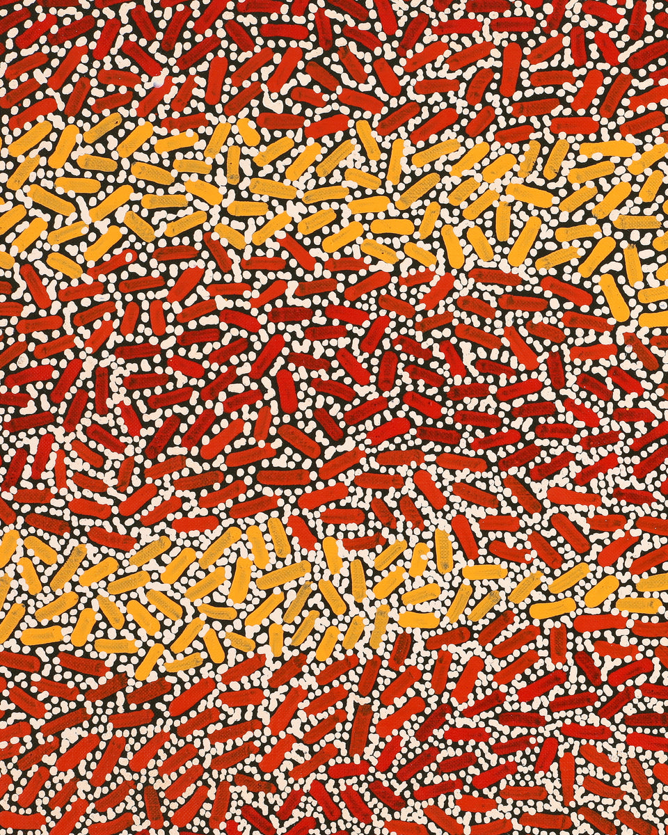 Aboriginal Artwork by Nathania Nangala Granites, Warlukurlangu Jukurrpa (Fire country Dreaming), 107x76cm