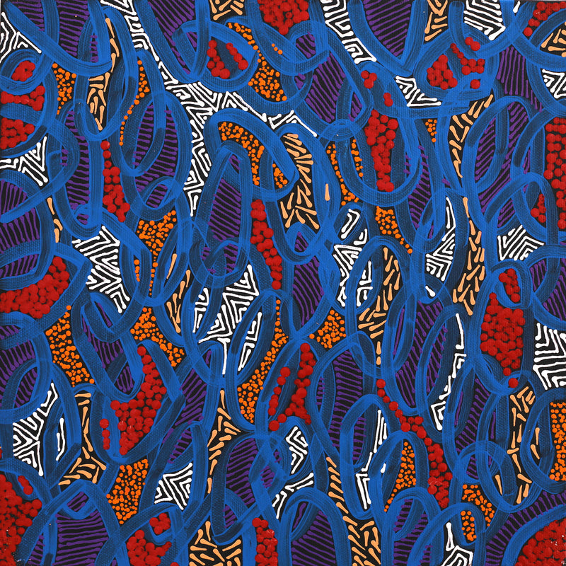 Aboriginal Artwork by Nathania Nangala Granites, Warlukurlangu Jukurrpa (Fire country Dreaming), 30x30cm