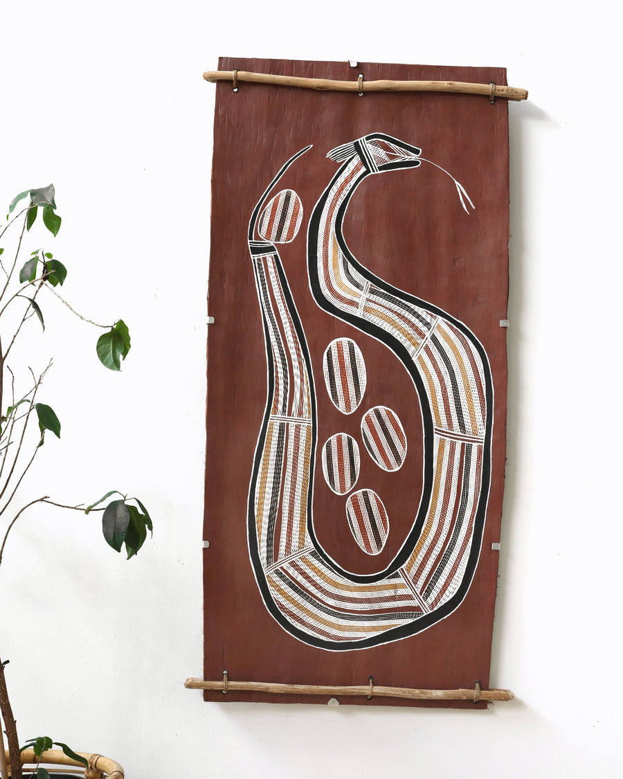 Aboriginal Artwork by Nathaniel Dullman, Ngalmudj (Rainbow Serpent), 113x53cm Bark Painting