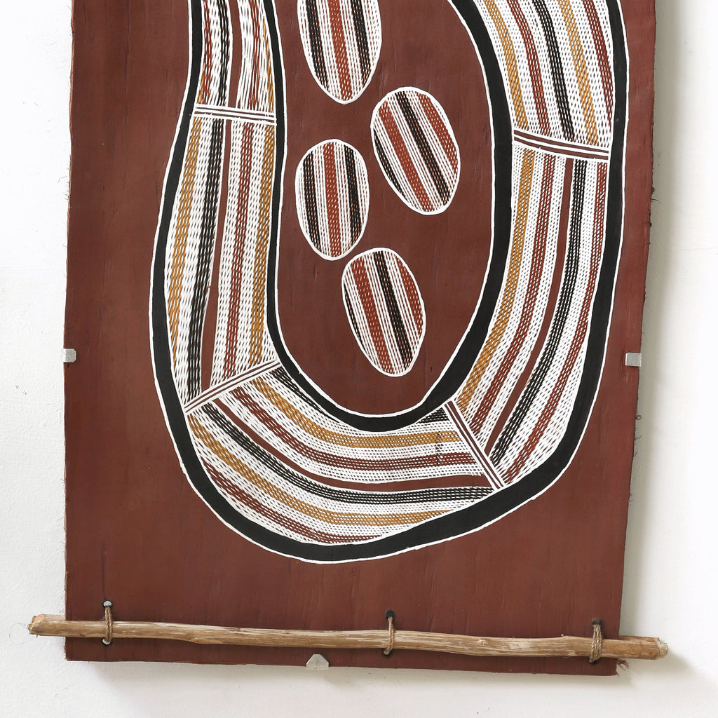 Aboriginal Artwork by Nathaniel Dullman, Ngalmudj (Rainbow Serpent), 113x53cm Bark Painting
