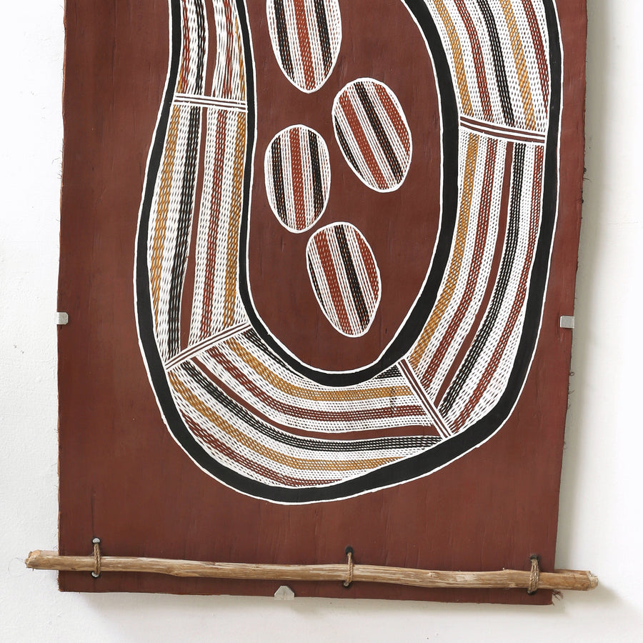 Aboriginal Artwork by Nathaniel Dullman, Ngalmudj (Rainbow Serpent), 113x53cm Bark Painting