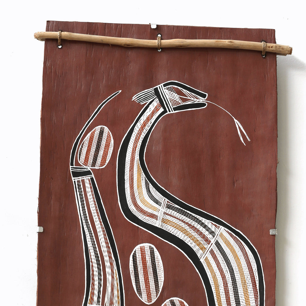 Aboriginal Art by Nathaniel Dullman, Ngalmudj (Rainbow Serpent), 113x53cm Bark Painting - ART ARK®