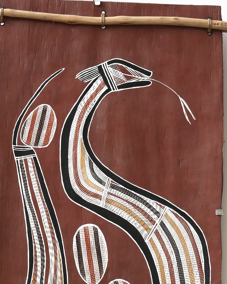 Aboriginal Artwork by Nathaniel Dullman, Ngalmudj (Rainbow Serpent), 113x53cm Bark Painting