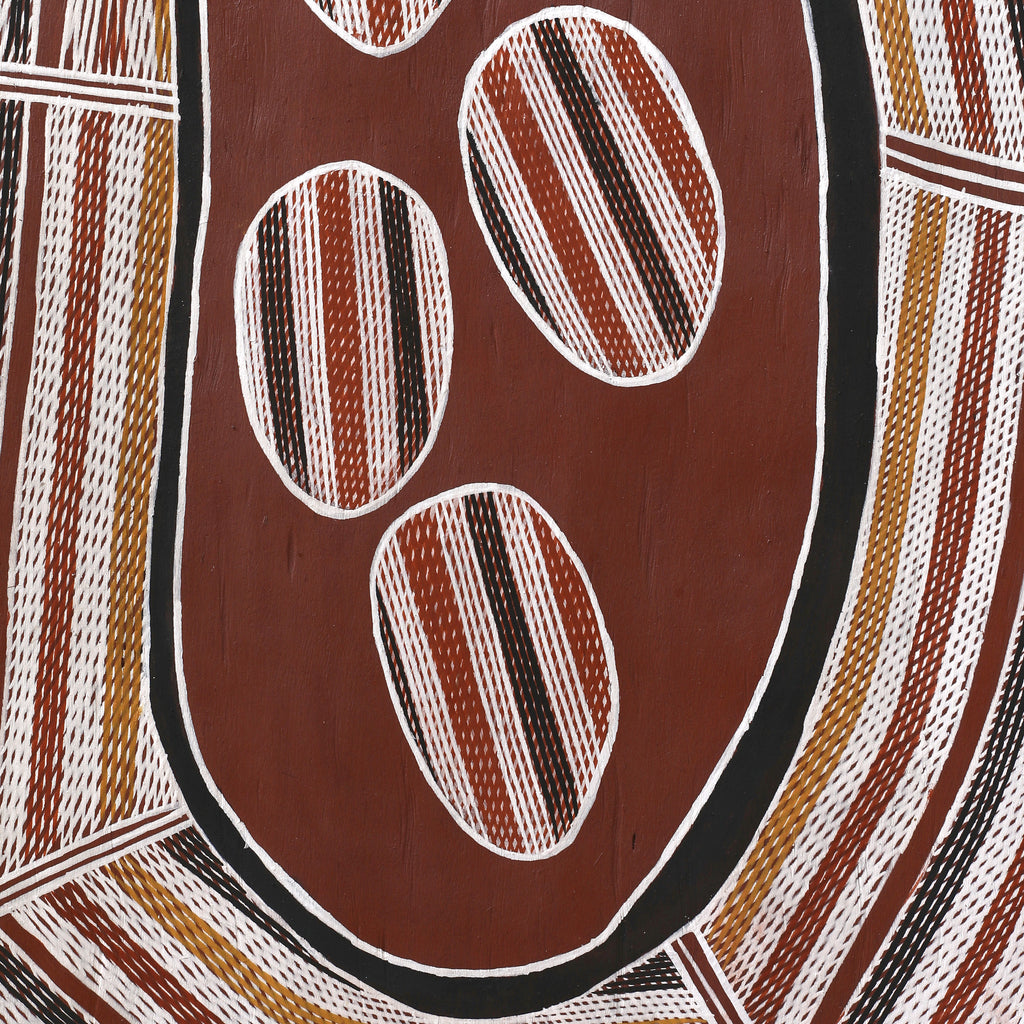 Aboriginal Artwork by Nathaniel Dullman, Ngalmudj (Rainbow Serpent), 113x53cm Bark Painting