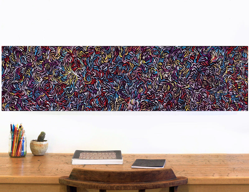 Aboriginal Artwork by Nola Napangardi Fisher, Purrpalanji (Skinny Bush Banana) Jukurrpa, 122x30cm