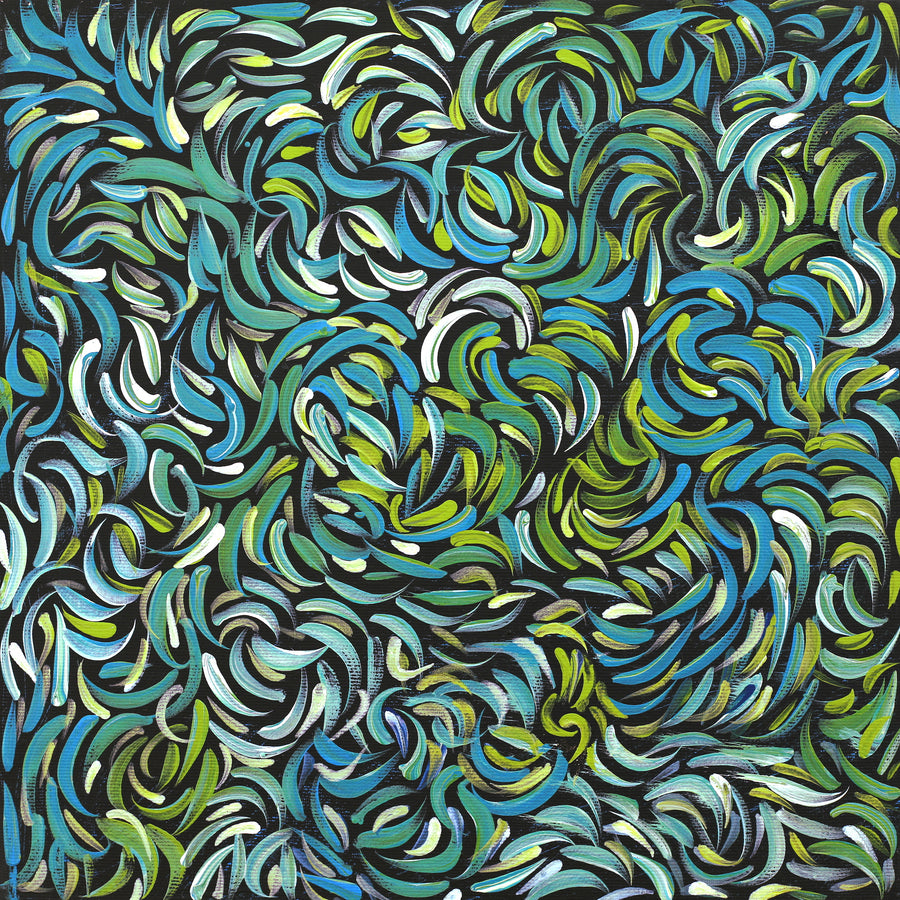 Aboriginal Artwork by Nola Napangardi Fisher, Purrpalanji (Skinny Bush Banana) Jukurrpa, 30x30cm