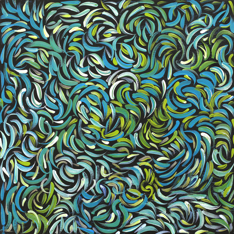 Aboriginal Artwork by Nola Napangardi Fisher, Purrpalanji (Skinny Bush Banana) Jukurrpa, 30x30cm