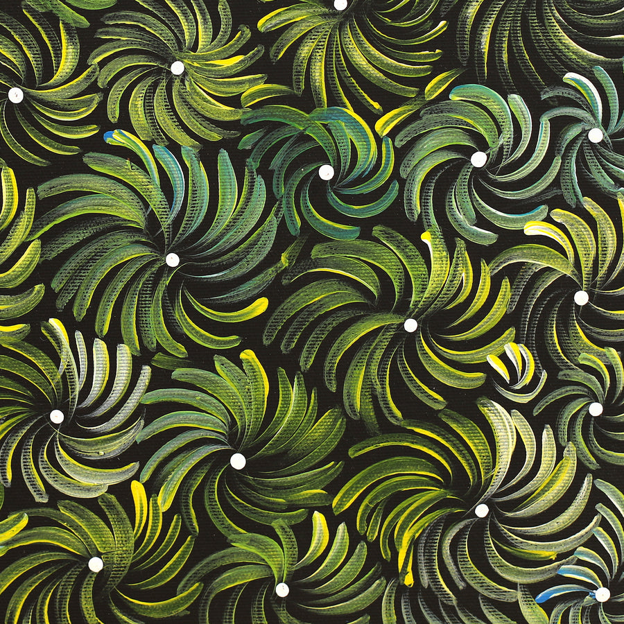 Aboriginal Artwork by Nola Napangardi Fisher, Purrpalanji (Skinny Bush Banana) Jukurrpa, 40x40cm