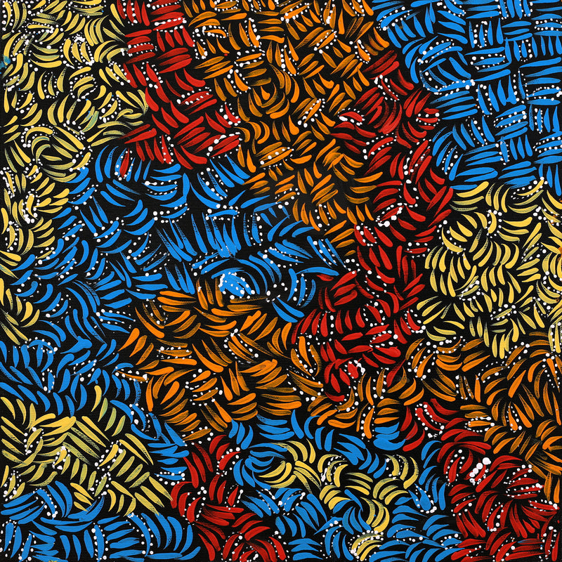 Aboriginal Artwork by Nola Napangardi Fisher, Purrpalanji (Skinny Bush Banana) Jukurrpa, 40x40cm