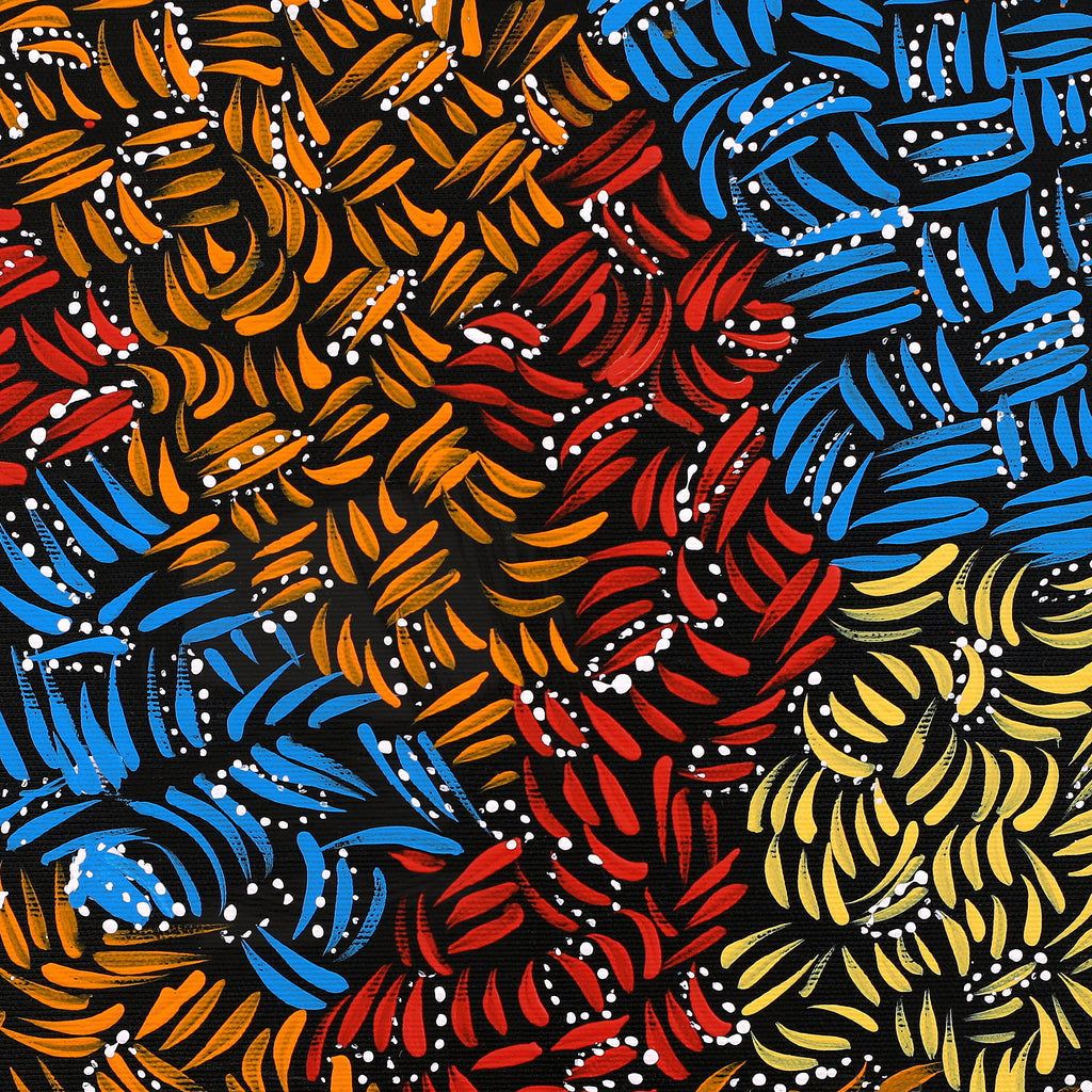 Aboriginal Artwork by Nola Napangardi Fisher, Purrpalanji (Skinny Bush Banana) Jukurrpa, 40x40cm