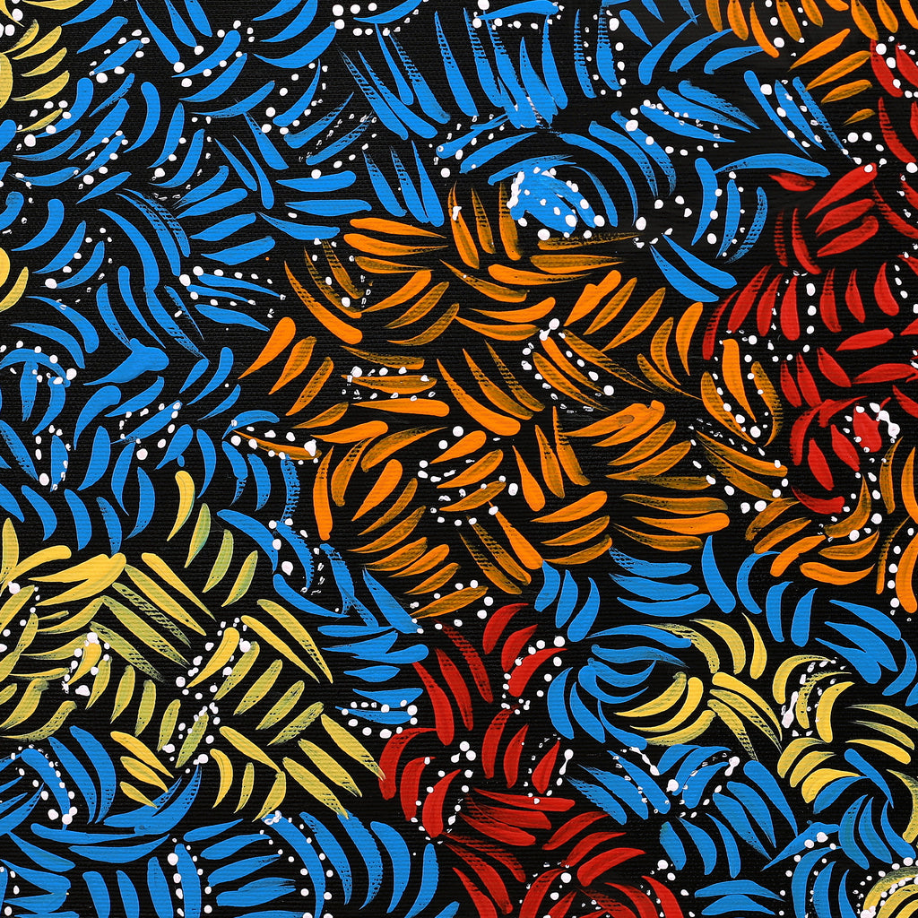 Aboriginal Artwork by Nola Napangardi Fisher, Purrpalanji (Skinny Bush Banana) Jukurrpa, 40x40cm