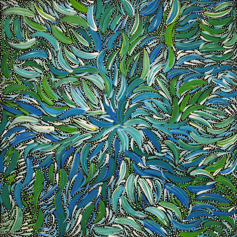 Aboriginal Artwork by Nola Napangardi Fisher, Purrpalanji (Skinny Bush Banana) Jukurrpa, 46x46cm