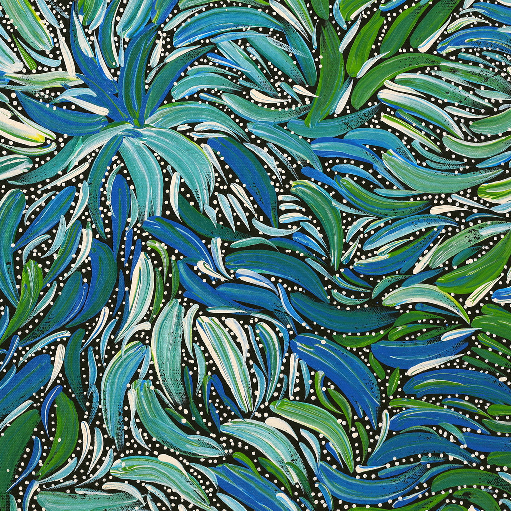 Aboriginal Artwork by Nola Napangardi Fisher, Purrpalanji (Skinny Bush Banana) Jukurrpa, 46x46cm