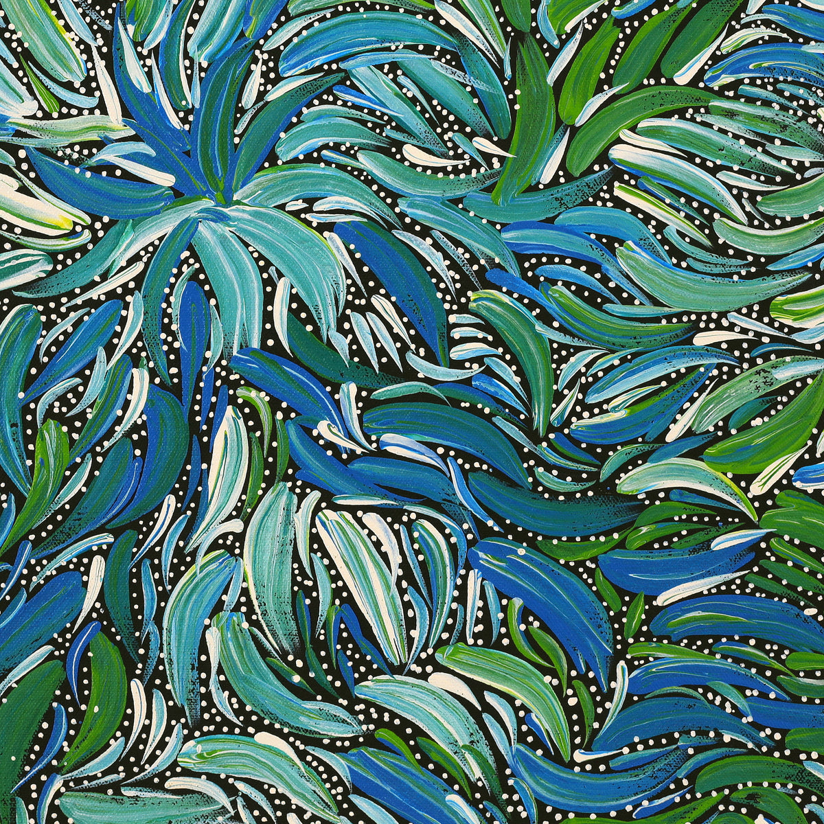 Aboriginal Artwork by Nola Napangardi Fisher, Purrpalanji (Skinny Bush Banana) Jukurrpa, 46x46cm