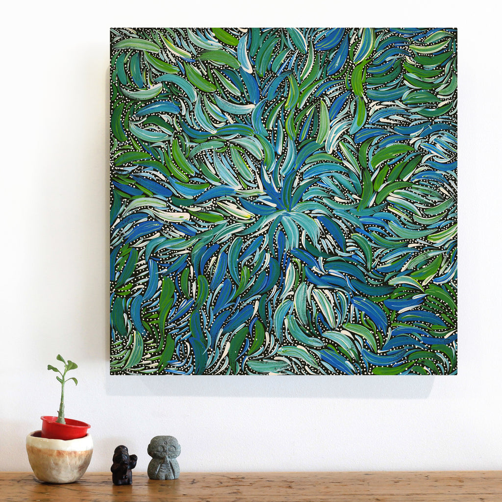 Aboriginal Artwork by Nola Napangardi Fisher, Purrpalanji (Skinny Bush Banana) Jukurrpa, 46x46cm