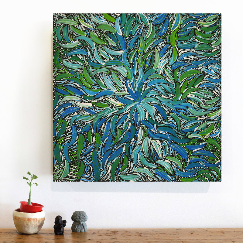 Aboriginal Artwork by Nola Napangardi Fisher, Purrpalanji (Skinny Bush Banana) Jukurrpa, 46x46cm